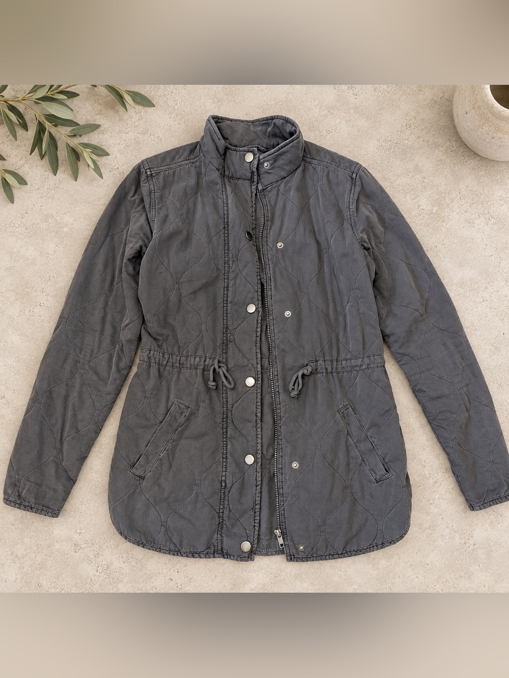 Maurices Quilted Utility Jacket XS Gray Drawstring Waist Cotton